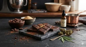 Hausgemachte Cannabis-Schokolade in Riegelform neben getrockneten Blüten.