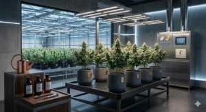Cannabis Pflanze im frühen Wachstumsstadium unter LED Licht.