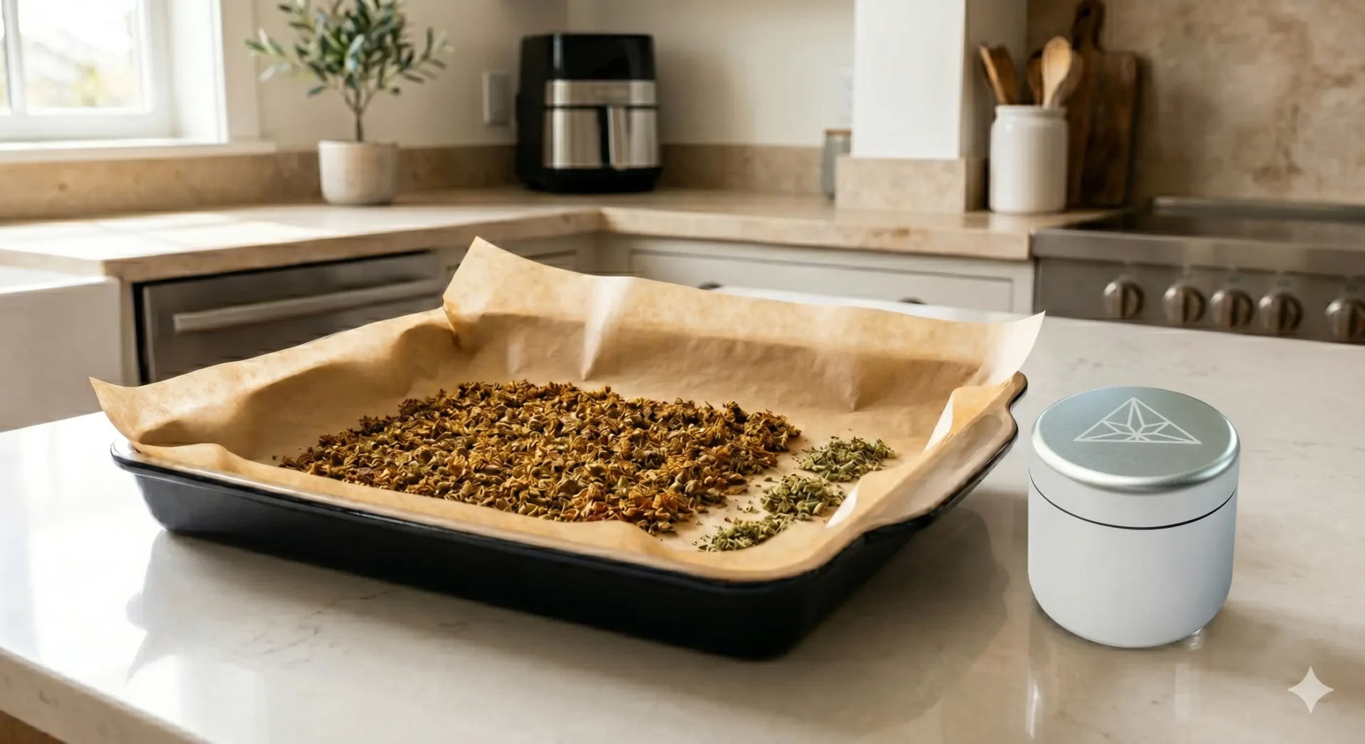 Cannabis Blüten auf Backpapier zur Decarboxylierung im Ofen