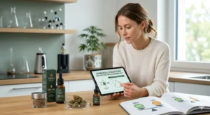 Cannabis Knospen neben einer Flasche CBD Öl zur Darstellung der Wirkung von Cannabinoiden auf den Cholesterinspiegel.