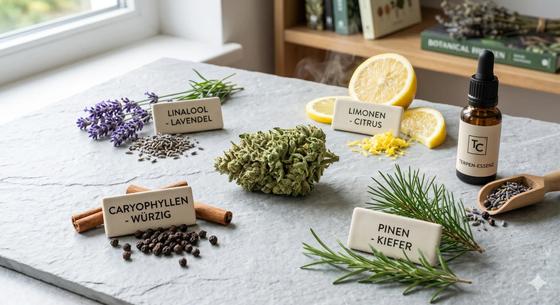 Nahaufnahme von Cannabis-Trichomen und Illustration von Terpen-Molekülen wie Limonen und Myrcen.